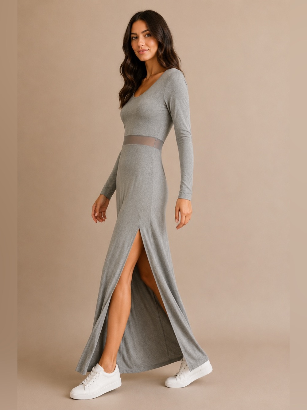 BCBGeneration Gray Long Sleeve Mesh Waist‎ Maxi Dress XS